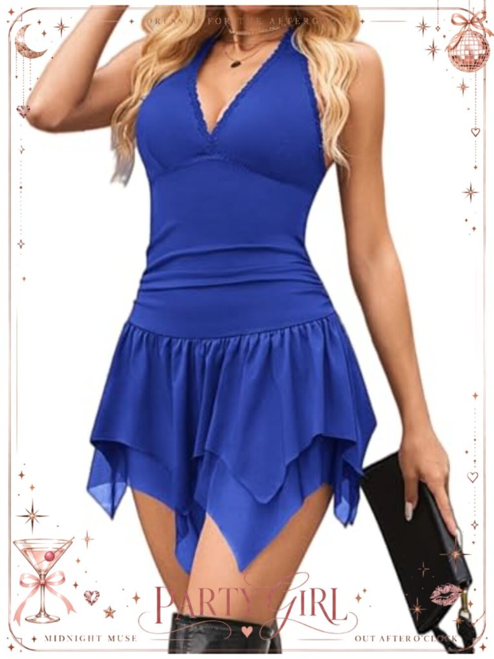 Avidlove Women's Halter V Neck Mini Dress Backless Ruched Asymmetric Hem Club